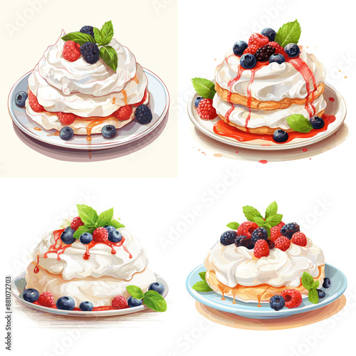 Four different types of desserts with blueberries and raspberries on top