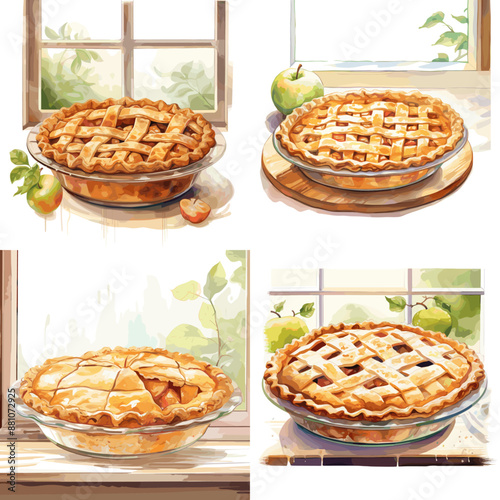 Four different pies are shown in a row, each with a different crust and filling