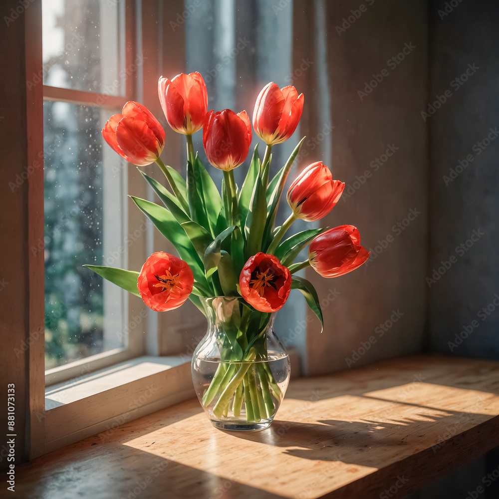 Bouquet of red tulips on the windowsill Bouquet of red tulips on the windowsill
