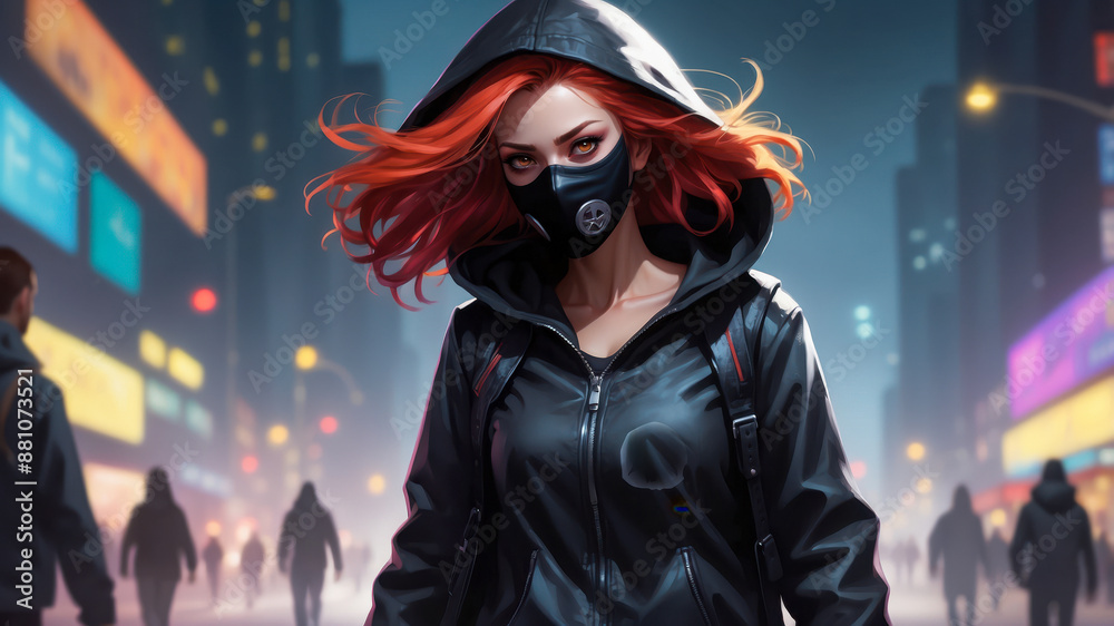 A woman with fiery red hair and a black mask walks through a bustling city, shrouded in neon lights A woman with fiery red hair and a black mask walks through a bustling city, shrouded in neon lights