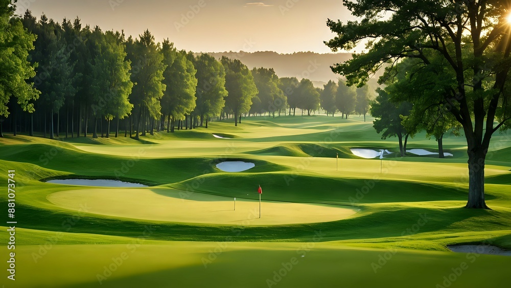 Obraz premium Scenic golf course with green grass, trees and a blue sky in the background.