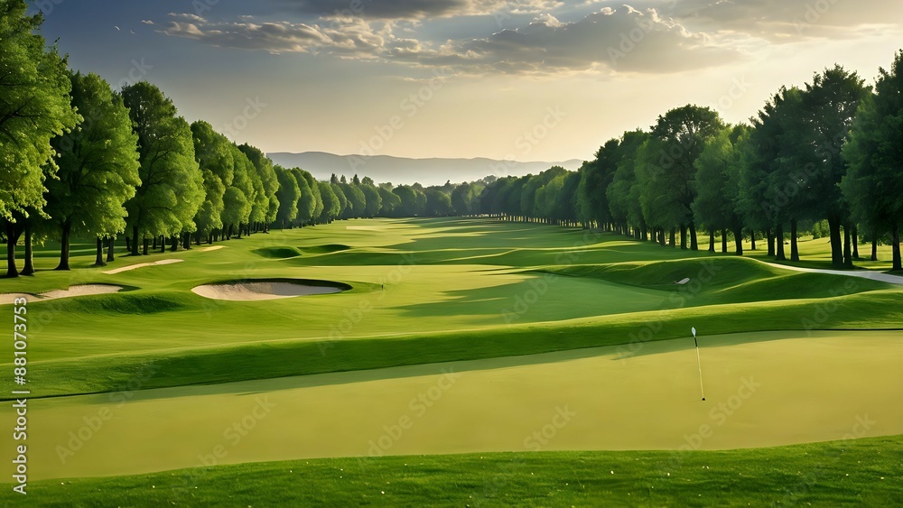 Obraz premium A scenic view of a golf course with rolling green hills and a single flag on the green.
