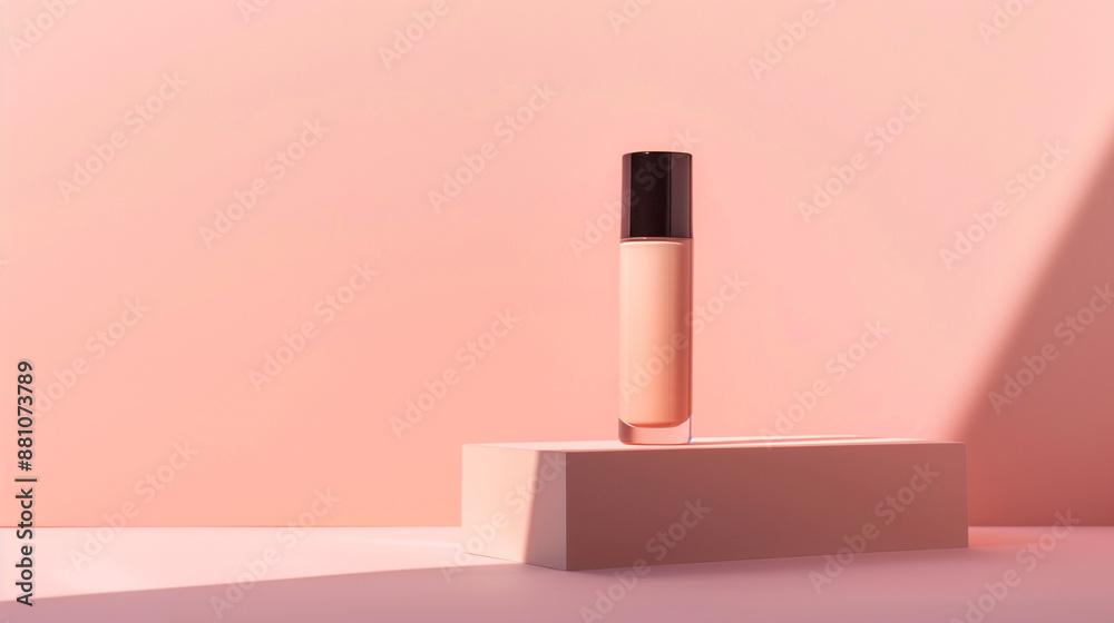 Minimalist High-End Foundation Bottle on Soft Pink Background Minimalist High-End Foundation Bottle on Soft Pink Background