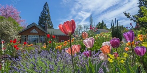 Fototapeta Naklejka Na Ścianę i Meble -  suburban home garden is in full bloom with a variety of colorful flowers