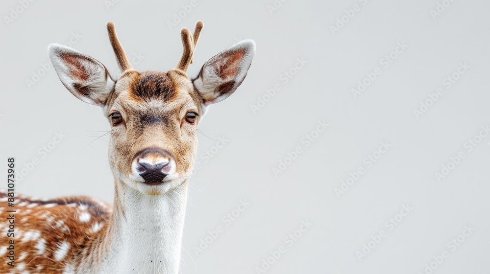 Fototapeta premium Fallow deer doe looks at camera on white background copy space