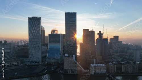 Canary Wharf Skyscrapers in London Aerial View