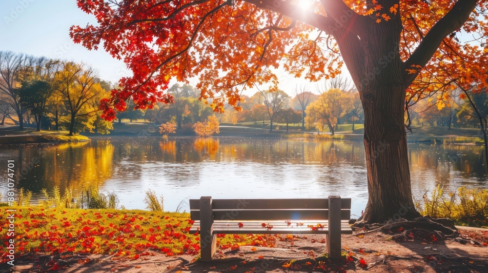Tranquil autumn scene with a red bench by a lake in a sunny park. Concept of fall foliage, peaceful nature, reflection, serene landscape Tranquil autumn scene with a red bench by a lake in a sunny park. Concept of fall foliage, peaceful nature, reflection, serene landscape