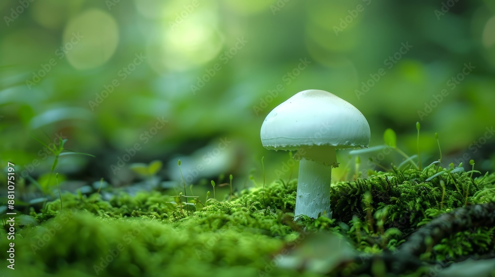 Close-up of a white mushroom in a lush green forest. Concept of nature, fungi, wildlife, ecosystem. Copy space Close-up of a white mushroom in a lush green forest. Concept of nature, fungi, wildlife, ecosystem. Copy space