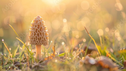 Yellow morel mushroom in a dewy grass field at sunrise. Concept of fungi, forest flora, nature, morning light. Copy space photo