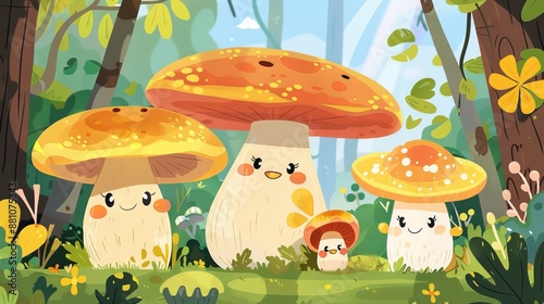Cute cartoon mushrooms in a whimsical forest. Concept of fairy tale, nature, magic, woodland creatures