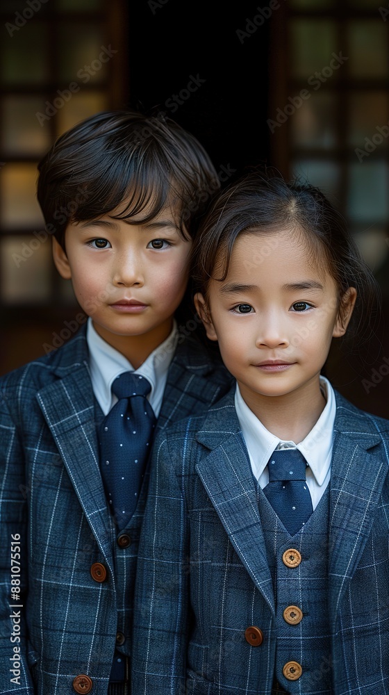 Two asian young brother, school uniform. Twin Boys in Matching Formal Outfits Two asian young brother, school uniform. Twin Boys in Matching Formal Outfits