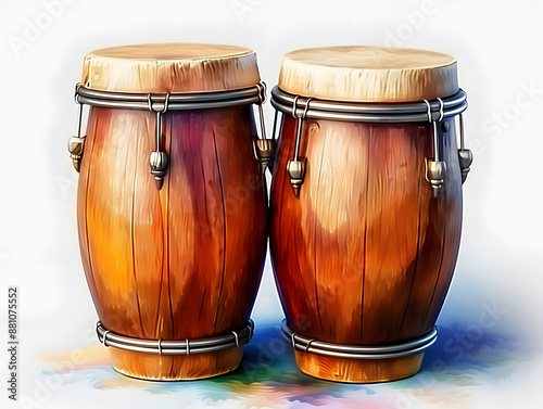 Vibrant conga drums with glossy wooden bodies and shiny metal hardware isolated on a transparent background, perfect for music and rhythm-themed designs. photo