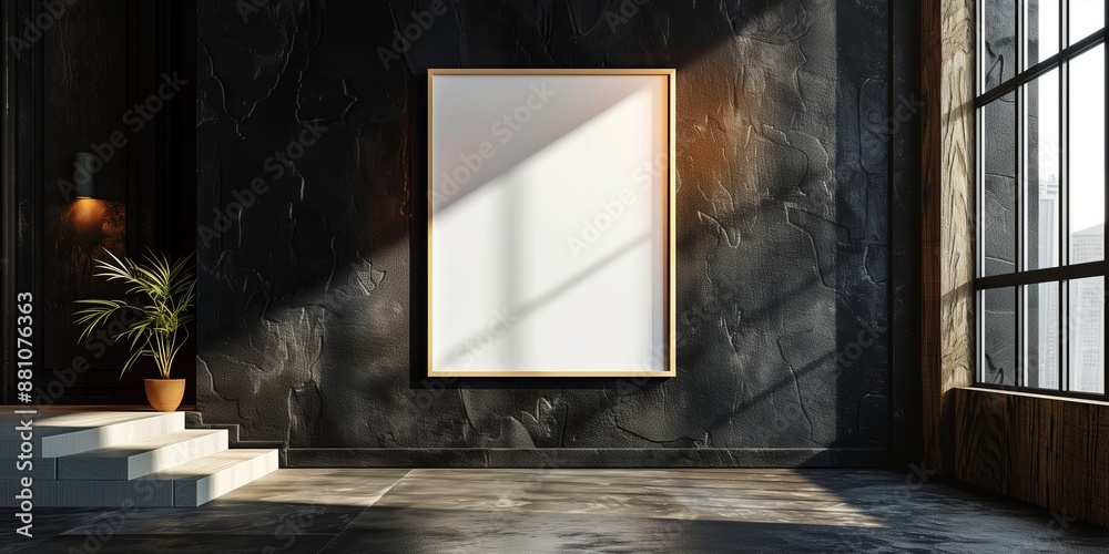 Luxurious minimalist display showcasing a white frame on a textured dark wall, perfect for high-end interiors Luxurious minimalist display showcasing a white frame on a textured dark wall, perfect for high-end interiors