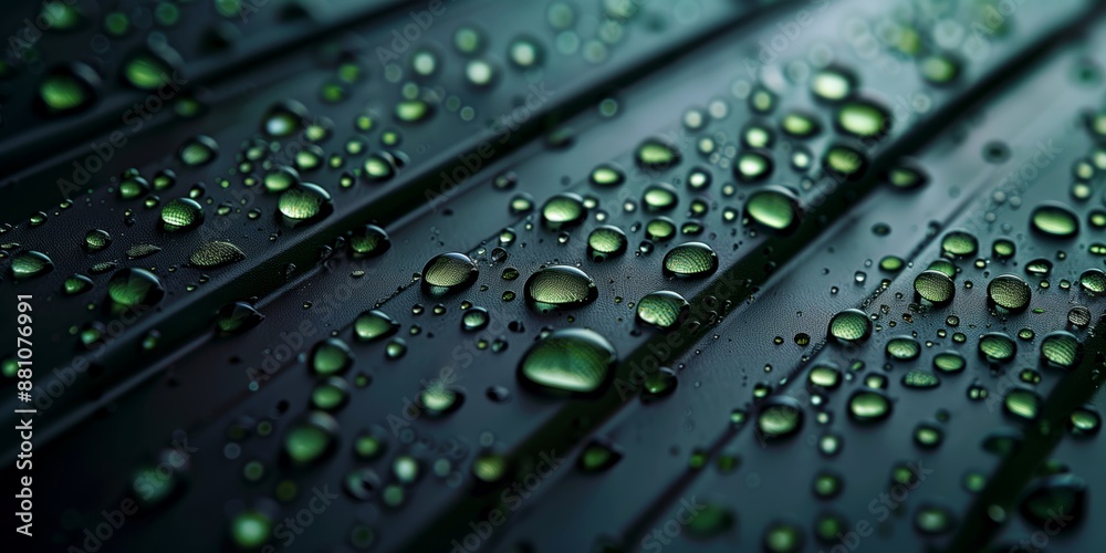 Naklejka premium Luxurious minimalist background featuring green water droplets on a dark surface, perfect for high-end interiors