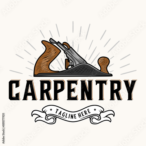 Carpentry logo with elements of wood planer tool or jack plane, vector illustration design, for woodworking