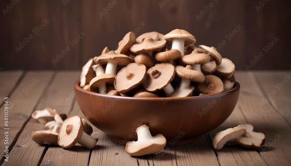 Fototapeta premium Shiitake mushroom in a bowl on wooden background
