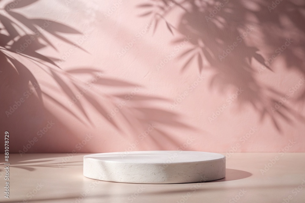 White stone podium on a pink background with blurred shadows from leaves. Concept scene stage showcase for new product, promotion sale, banner, presentation, cosmetic White stone podium on a pink background with blurred shadows from leaves. Concept scene stage showcase for new product, promotion sale, banner, presentation, cosmetic