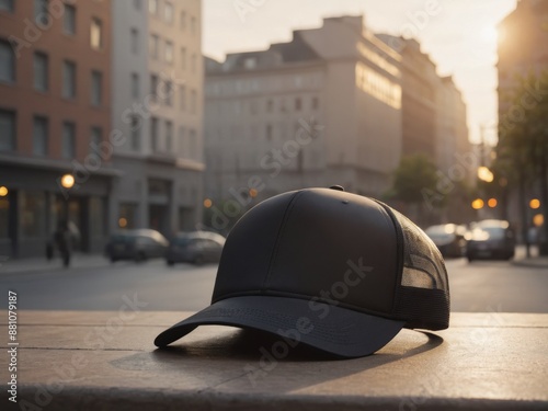 Modern black trucker cap mockup with a breathable mesh back, ideal for showcasing custom logos or designs. Perfect for fashion, branding, and promotional use. High-quality, realistic display photo