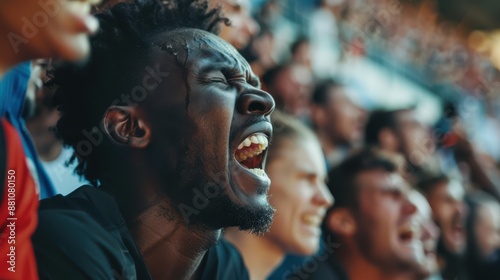 a man is laughing in a crowd of people