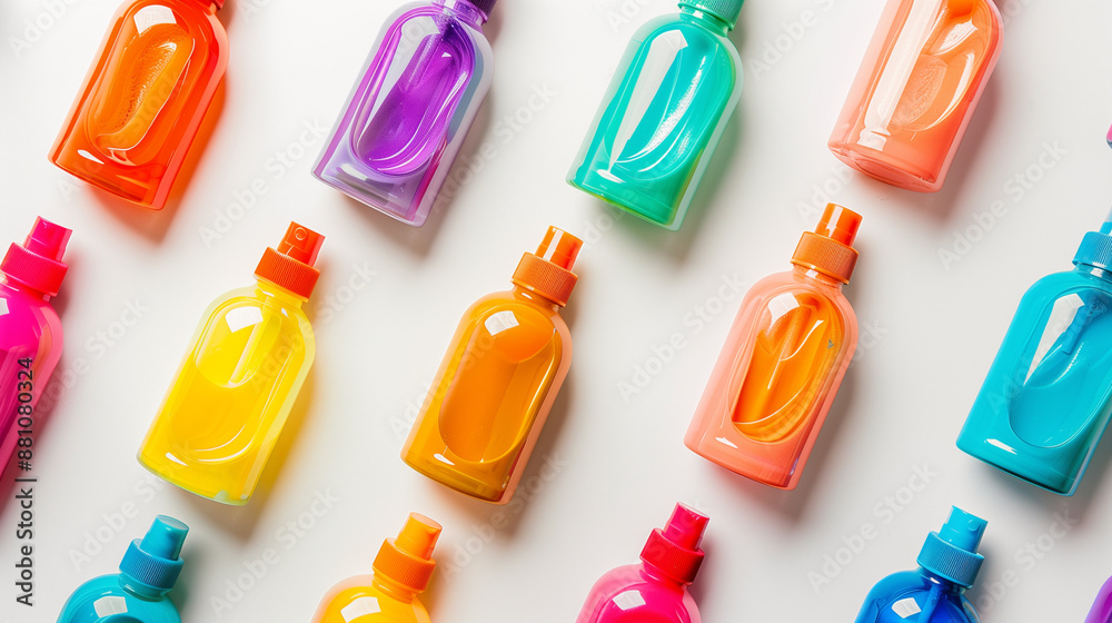 Naklejka premium Vibrant Colored Hair Dye Bottles on White Background