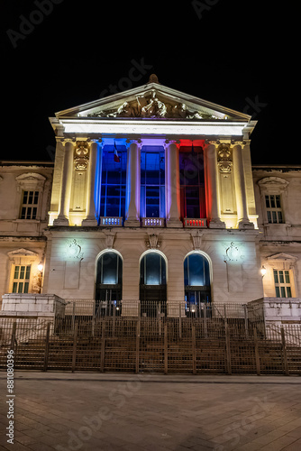 Beautiful night view of Nice Courthouse (Palace of Justice, 1885) - imposing law courts built in neoclassical style at Place du Palais. Nice, French Riviera, France.