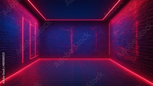 Futuristic Sci-Fi Abstract Blue And red Neon Light Shapes On Black Background And Reflective Concrete With Empty Space For Text 3D Rendering
