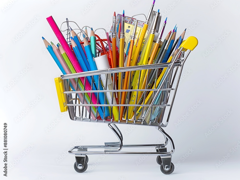 Shopping cart full of school supplies on white background, perfect for ads. 8k, real photo. Shopping cart full of school supplies on white background, perfect for ads. 8k, real photo.