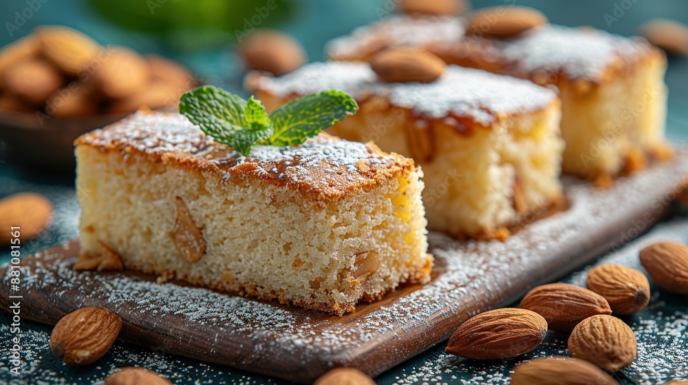 A slice of cake atop a wooden platter dusted with powdered sugar and surrounded by almonds A slice of cake atop a wooden platter dusted with powdered sugar and surrounded by almonds