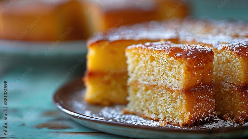 A close-up of a single cake on a plate with powdered sugar sprinkled on top Another cake visible in the backdrop A close-up of a single cake on a plate with powdered sugar sprinkled on top Another cake visible in the backdrop