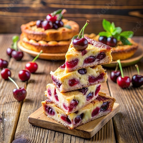 Cherry clafoutis pie portions stacked on wooden table, stacked, clafoutis, portions photo