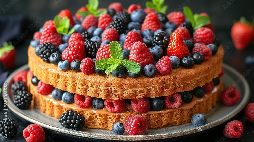 A beautiful cake topped with fresh berries , a sprig of mint, and a dollop of whipped cream Serve with a A beautiful cake topped with fresh berries , a sprig of mint, and a dollop of whipped cream Serve with a