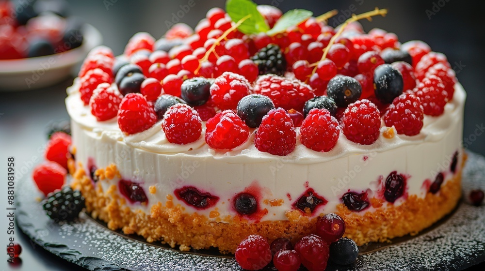 A close-up of a cake with berries on top and berries on the bottom A close-up of a cake with berries on top and berries on the bottom
