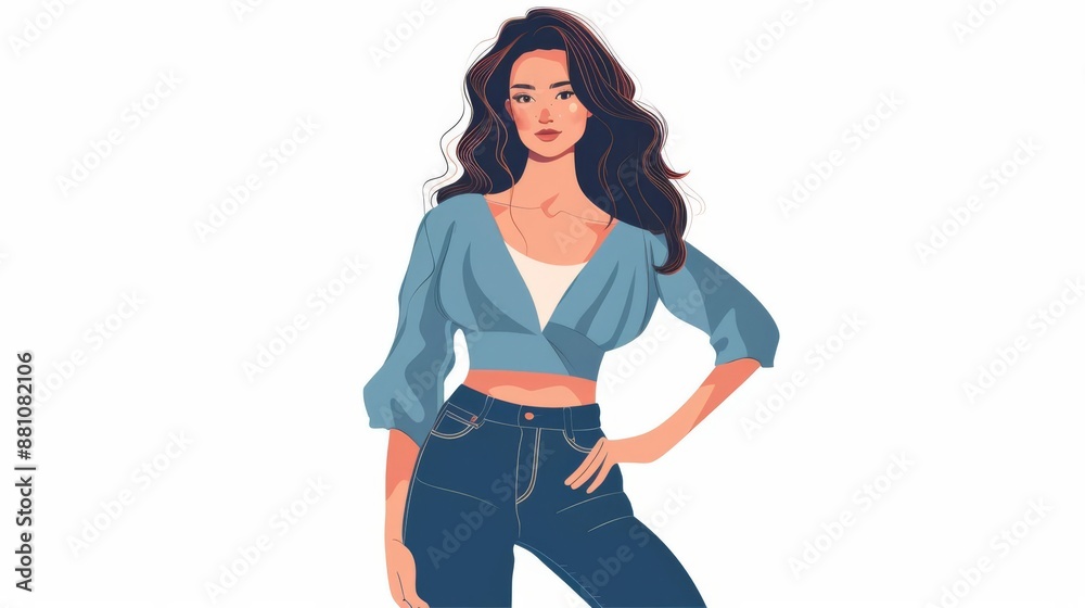 a classy woman, casual jeans and top, flat color illustration, everyday, isolated on white background a classy woman, casual jeans and top, flat color illustration, everyday, isolated on white background
