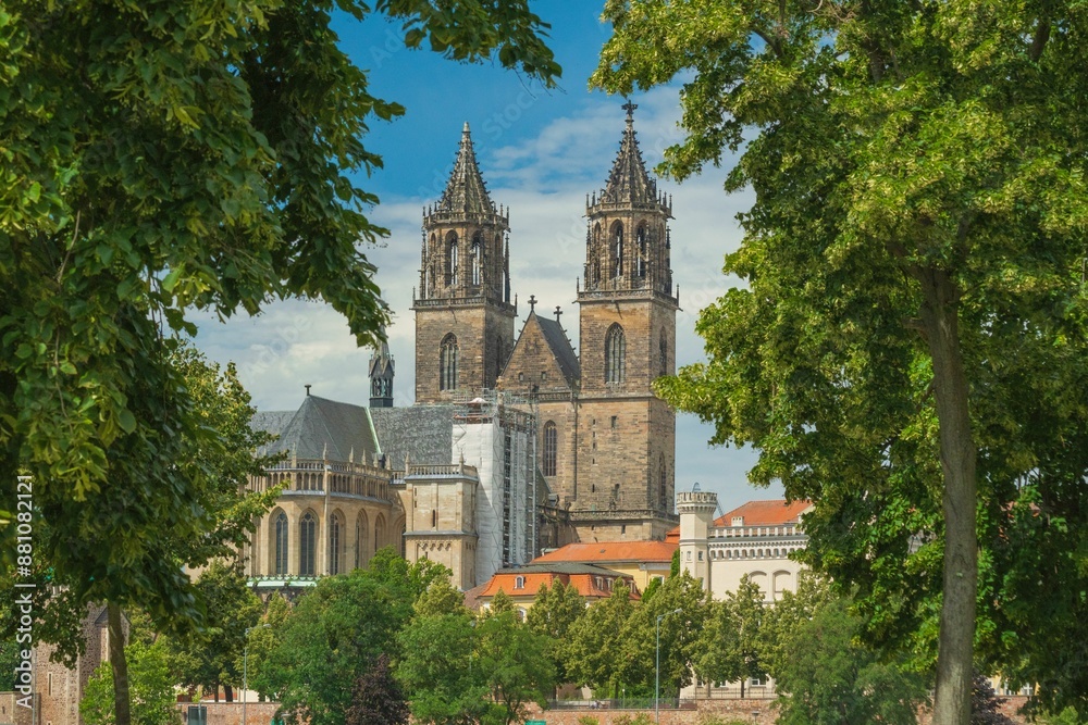 Obraz premium Sommerlicher Magdeburger Dom vom Stadtpark Rotehorn aus gesehen