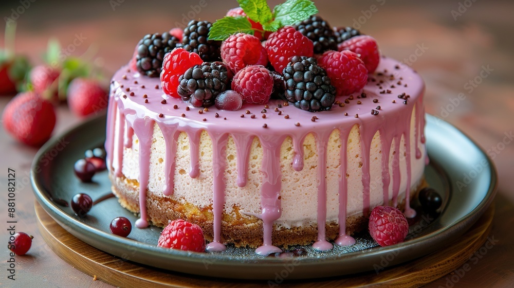  A delicious cake topped with fresh berries and a drizzle of icing