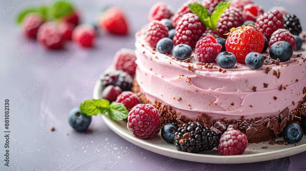 Close-up of a cake on a plate with raspberries and blueberries on top Close-up of a cake on a plate with raspberries and blueberries on top