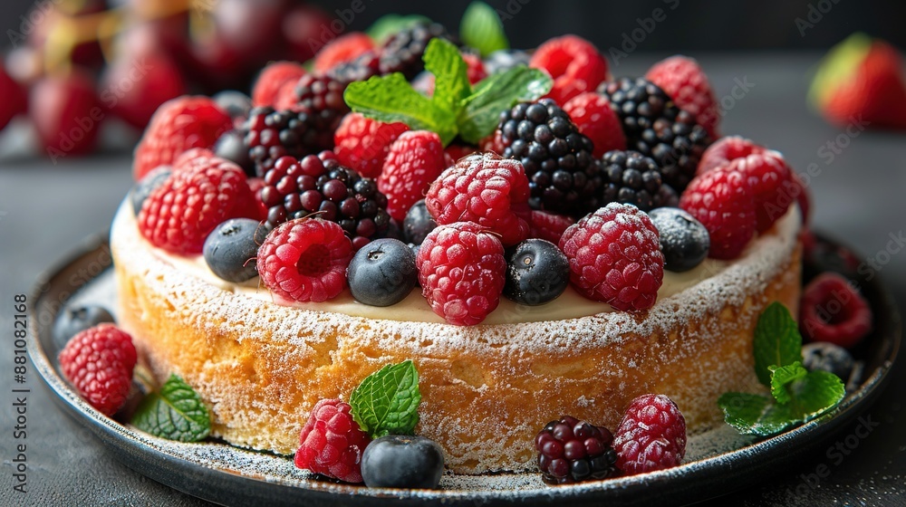 A plate featuring a cake topped with fresh berries, including raspberries, blueberries, and mint leaves A plate featuring a cake topped with fresh berries, including raspberries, blueberries, and mint leaves