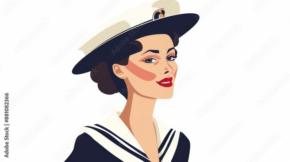 a classy woman, nautical attire, flat color illustration, maritime, isolated on white background a classy woman, nautical attire, flat color illustration, maritime, isolated on white background