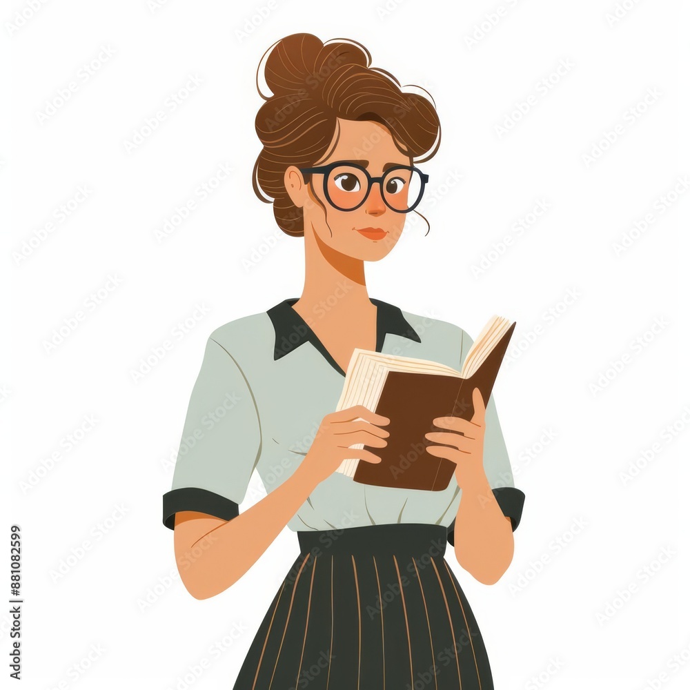 a classy woman, librarian look, flat color illustration, intellectual, isolated on white background a classy woman, librarian look, flat color illustration, intellectual, isolated on white background