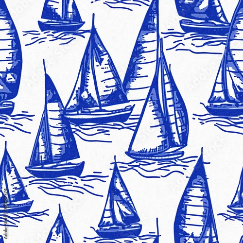 Coastal sail boat in azure ocean blue seamless background, Modern sailing race boat block print for decorative coast interior furnishing fabric . Rustic linen beach cottage trend tile.  photo