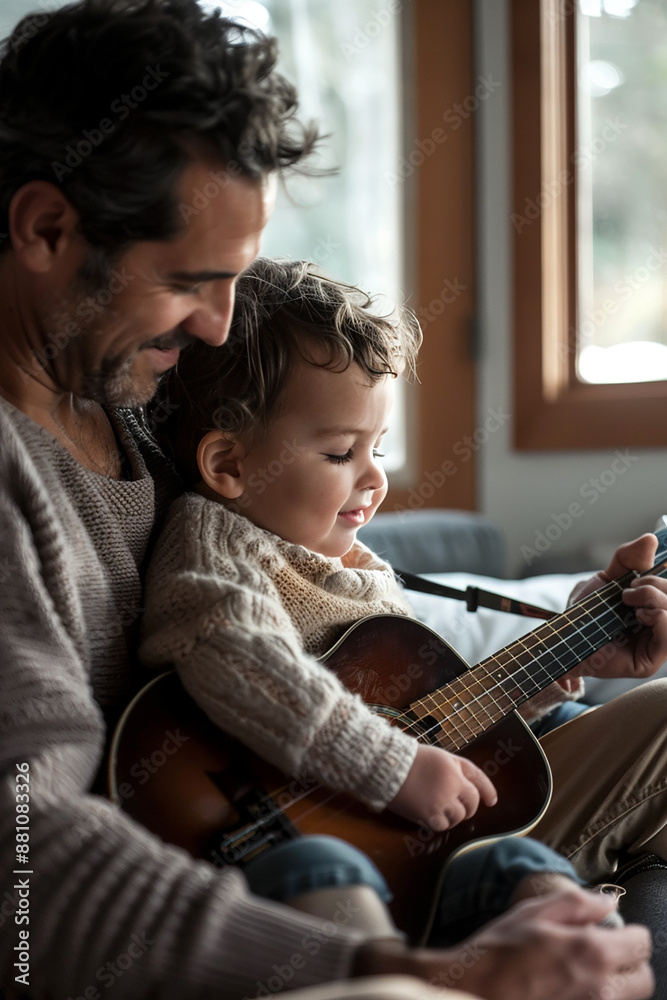 Father and child playing a guitar together indoors, bonding over music and laughter. Father and child playing a guitar together indoors, bonding over music and laughter.