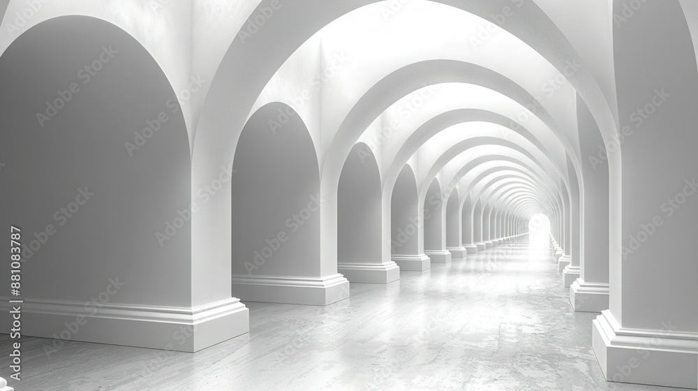 B&W photo shows a hall w/arches, columns, sunlight streaming in B&W photo shows a hall w/arches, columns, sunlight streaming in
