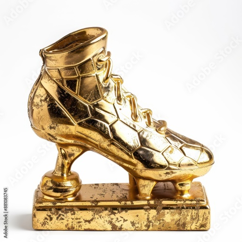 a gold shoe on a wooden base