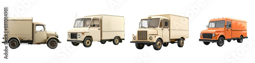 Vintage delivery vans from different eras lined up against a white background, showcasing the evolution of transportation design.