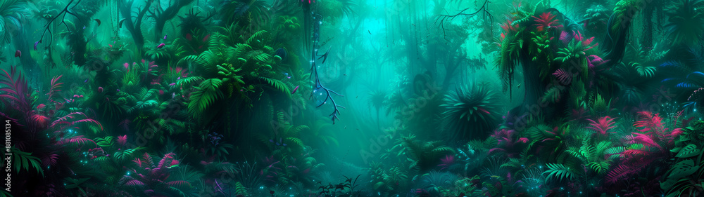 Fototapeta premium banner of a misty verdant jungle