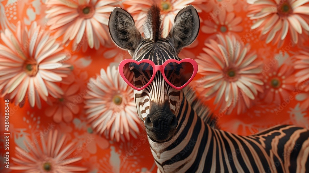 A zebra in a heart-shaped pair of sunglasses stands in front of a wall of pink and white flowers, with its own head also adorned with heart-shaped glasses A zebra in a heart-shaped pair of sunglasses stands in front of a wall of pink and white flowers, with its own head also adorned with heart-shaped glasses