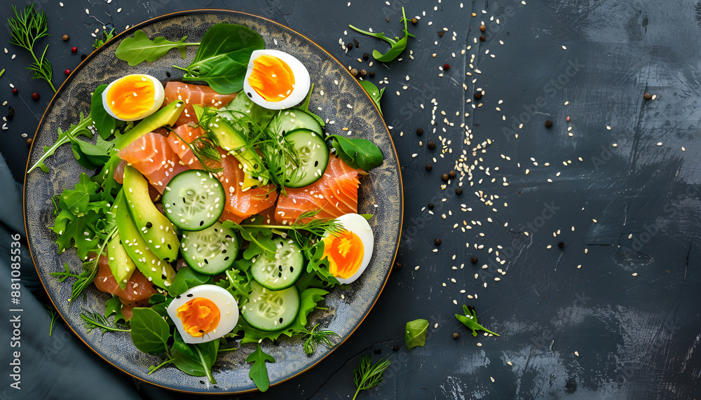 Ketogenic diet breakfast. Salt salmon salad with greens, cucumbers, eggs and avocado. Keto/paleo lunch. Top view Ketogenic diet breakfast. Salt salmon salad with greens, cucumbers, eggs and avocado. Keto/paleo lunch. Top view