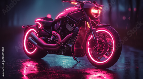 Futuristic Motorcycle with Neon Lights in Misty Setting 