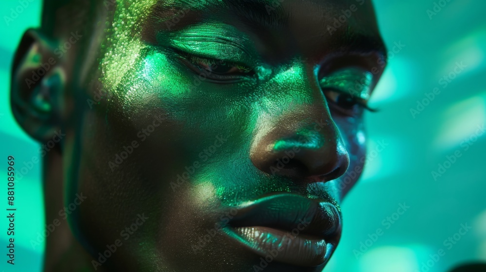 A close-up portrait of a man's face, illuminated by green light, showing his eye and mouth. The man's face is covered in shimmery green makeup. A close-up portrait of a man's face, illuminated by green light, showing his eye and mouth. The man's face is covered in shimmery green makeup.