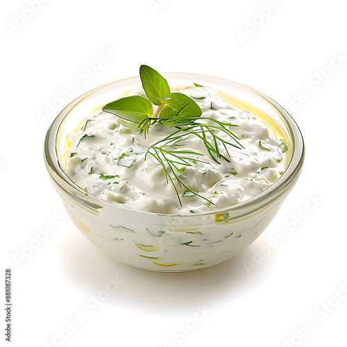 Top view of Tzatziki in a small glass bowl isolated on a white background